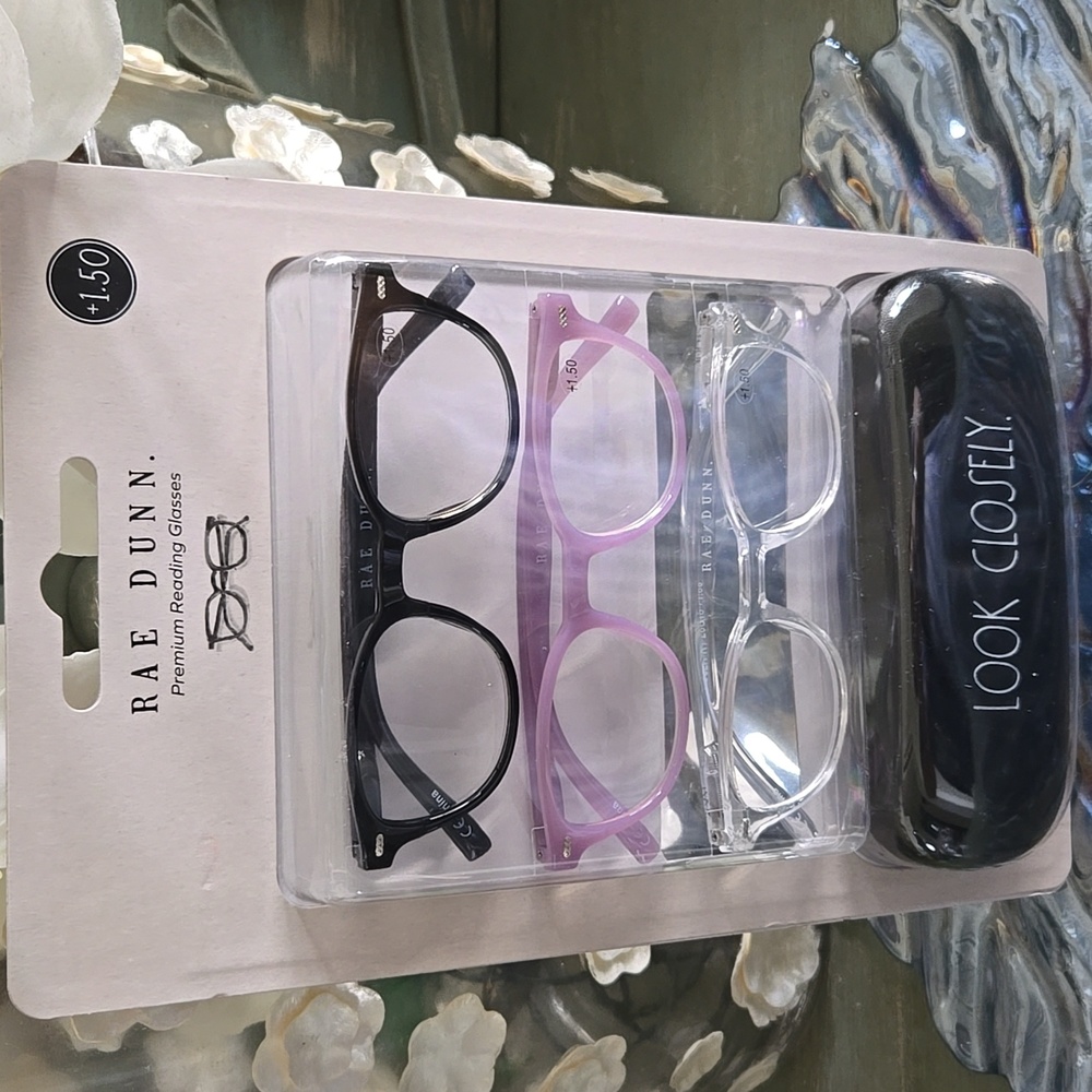 Rae Dunn 3 PAIR Set Premium Reading Glasses & Case LOOK CLOSELY +1.50 +2.00 NWT